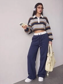 Slayform Women's Striped Drop Shoulder Long Sleeve Polo Collar Casual Sweatshirt - Multicolor - View 5