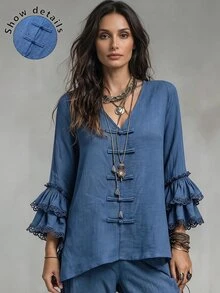 Linhara CURVE Plus Size V-Neck Frog Button Blouse, Long Sleeve Bell Sleeve With Lace Trim, Loose Fit Linen Blend Bohemian Style Women's Top - Blue - View 1