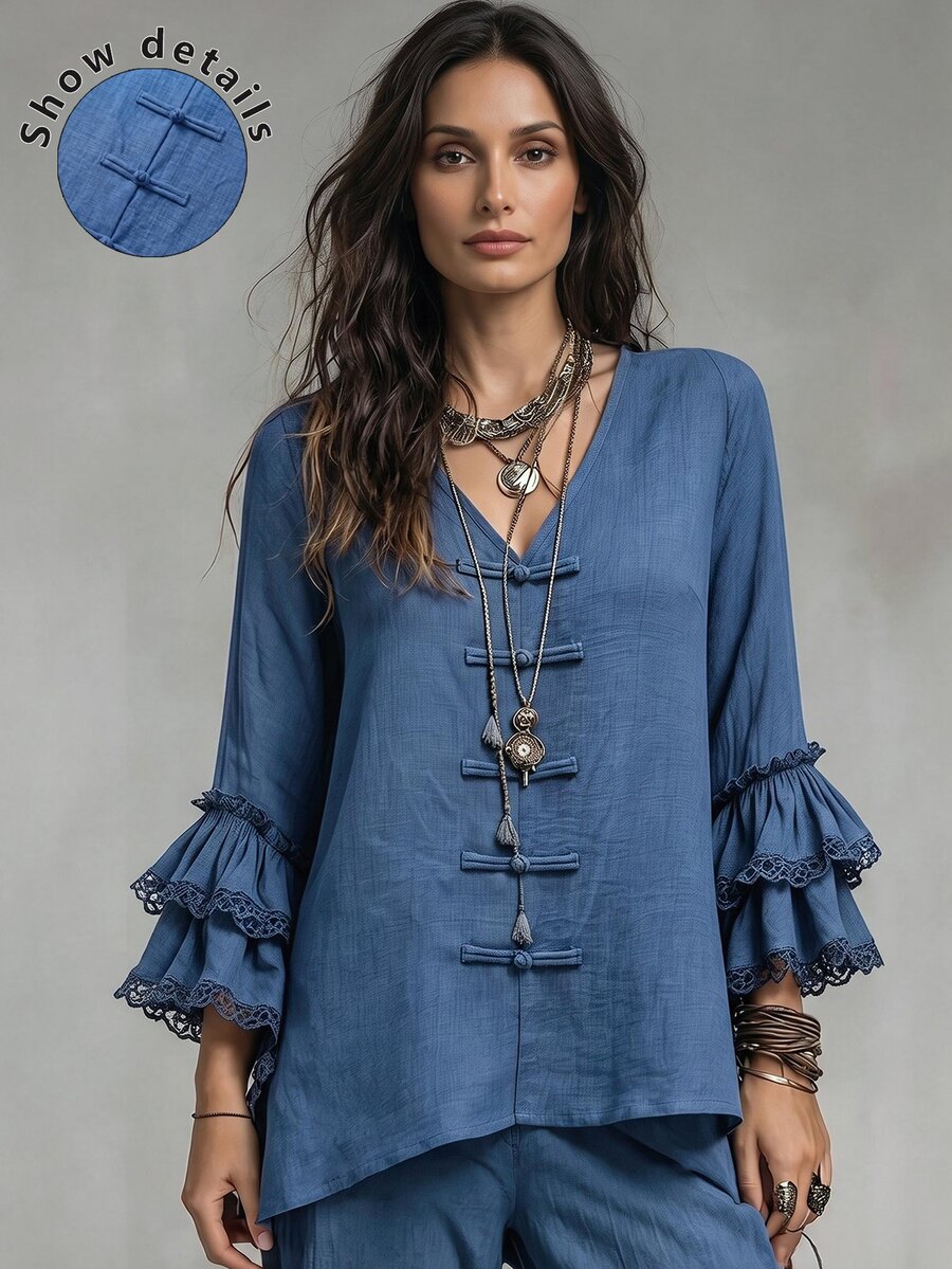 Linhara CURVE Plus Size V-Neck Frog Button Blouse, Long Sleeve Bell Sleeve With Lace Trim, Loose Fit Linen Blend Bohemian Style Women's Top - Blue - View 1