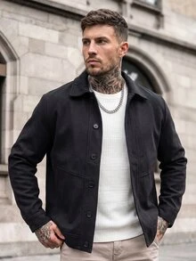 Manfinity CasualCool 男士休閒時尚復古長袖寬鬆拼接大衣，外出必備，適合送給家人與朋友的禮物 - 黑色 - 查看 5