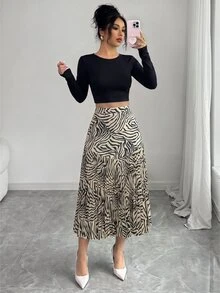 Elenzga 女款優雅波點印花拼接百褶裙 - 彩色 - 查看 6