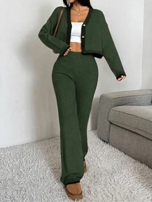 CovetEZ 2pcs/Set Women Solid Color Patchwork Front Button Long Sleeve Casual Sweater And Pants Set,Women's Fall Clothes - Army Green - View 6