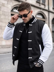 Manfinity CasualCool 男士休閒時尚復古運動青蛙鈕扣長袖寬鬆夾克，送給家人和男友的禮物 - 黑與白 - 查看 3