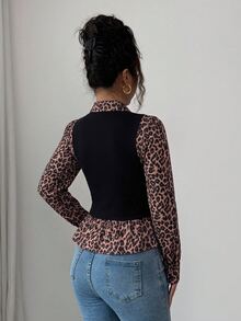 Elenzga Women's Leopard Print Colorblock Casual Daily Wear Top - Multicolor - View 2