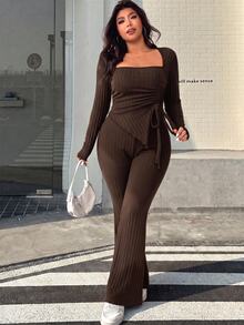 Muchica Plus Size Women Solid Color Square Neck Pleated Long Sleeve Top And Flare Pants Casual Daily 2 Pieces Set Fall - Chocolate Brown - View 7