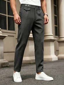 Manfinity Mode Men's Business Casual Striped Jacquard Wool Suit Pants, Perfect Gift For Holidays - Dark Grey - View 4