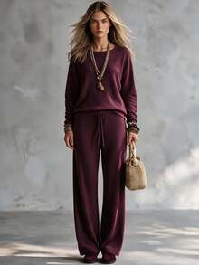 SHEIN Minimalist Commuter Knit Set, Dropped Shoulder Long Sleeve Top & High Waist Straight Wide Leg Pants - Burgundy - View 4