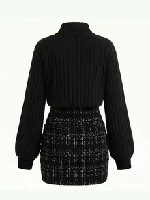Young Girls 2-In-1 Mock Neck Dress, Black Ribbed Knit Top & Tweed Plaid Snug Fit Skirt Outfits For Fall Winter - Black - View 2