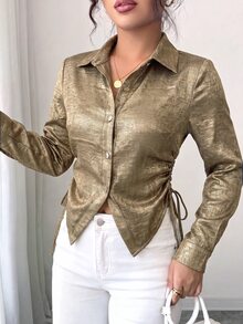SHEIN Elenzya Women's Metal Texture Button Waist Tie Blouse - Gold - View 4