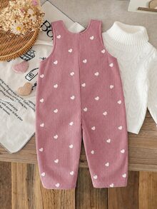 SHEIN 女嬰可愛兔子刺繡燈芯絨連身褲，滿版愛心印花，秋冬長褲，甜美公主風休閒套裝，適合節慶、派對、聚會與拍照 - 粉色 - 查看 2