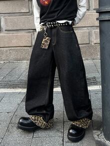 STEELVANCE 男士街頭風破舊豹紋拼接牛仔長褲（不含腰帶與配件） - 黑色 - 查看 5
