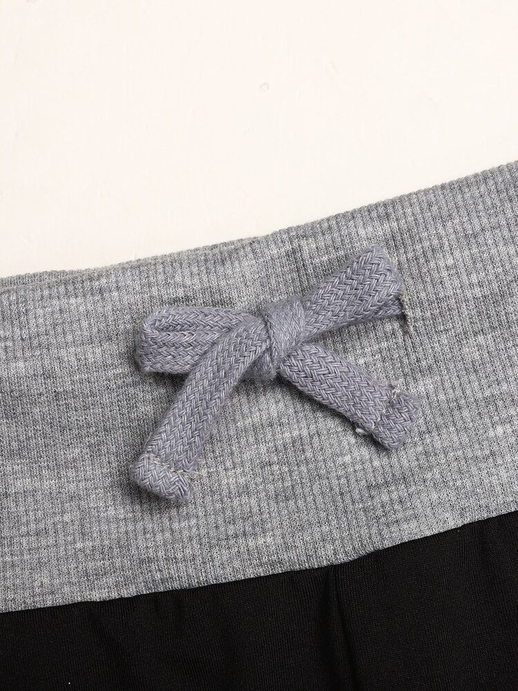 Kids Teen Girl Autumn/Winter Casual Daily Knit Letter Print Solid Black Jacket With Color Block Waist Flared Leg Pants Outfit Back To Schoool - Black - View 9