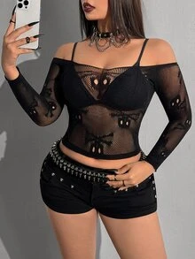 Whyspr 大尺碼女款性感透視露肩百搭上衣 - 黑色 - 查看 5