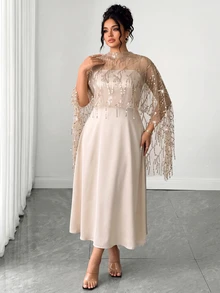 Elenzga Plus Size Women Coffee Brown Autumn/Winter Long Dress, Lace Patchwork Backless A-Line Skirt, Ruffle Hem, Fishbone Pattern Dividing Line, Long Train, Suitable For Party, Halloween, Various Events - Apricot - View 3