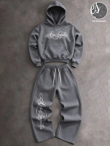 Manfinity Hypemode Setelan Kasual Sehari-hari Pria: Hoodie dan Celana Motif Huruf - Grey - View 5