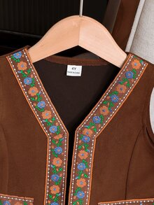 SHEIN Elladie kids 少女復古夾克 Y2K 新款秋季款 校園風 夏日度假 西部牛仔對比裝飾 冬季棕色外套 - 棕色 - 查看 8