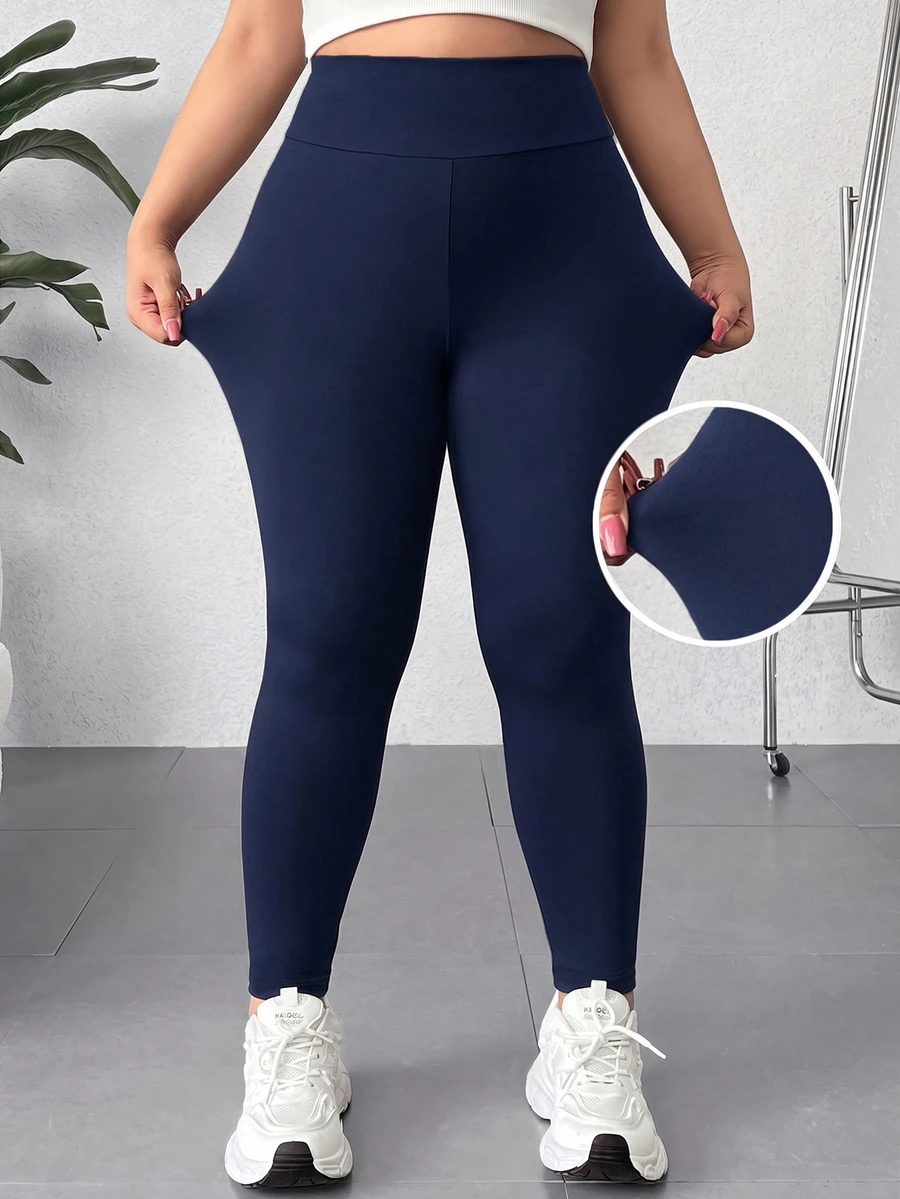 SHEIN EZwear Plus Size Solid Color Elastic High Waist Leggings Gym Formal Vacation Black Summer Casual Smart Baggy - Navy Blue - View 1