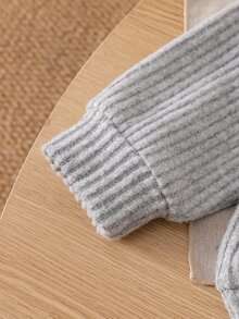 Young Boys 2pcs Ribbed Knit Outfit, Contrast Striped Collar Long Sleeve Top & Elastic Pants, Letter - Green - View 9