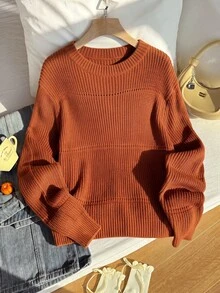 Comfortcana 大尺碼純色春季羅紋針織毛衣，冬季、秋季女裝 - 橘色 - 查看 4