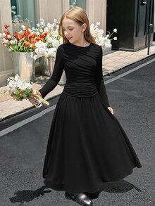 SHEIN Tween Girl Brown Long Kids Sleeve A Line Dress Everyday Casual Round Neck Flared Polyester Ruched Elegant - Black - View 1