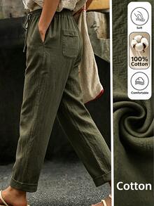 Wandoria Women's White Design Casual Vacation Style Pants With Decorative Buckle And Pockets, Beach, Garden, Street - Army Green - View 1