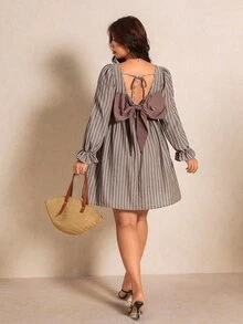 Elaquor 大尺碼女款方領喇叭袖休閒日常外出洋裝 秋冬休閒上班商務工作條紋洋裝 - 摩卡棕 - 查看 6