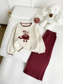 SHEIN 2026 春/秋新款 4-7 歲女童毛衣套裝，2 件套，適合休閒外出、週末家庭聚會和學校活動 - 紅色 - 查看 6