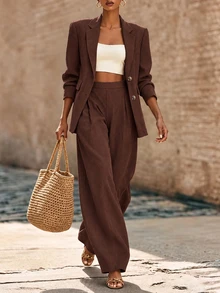 Breezaya Women's Solid Color Notch Lapel Long Sleeve Jacket And Pants Suit Set - Brown - View 4