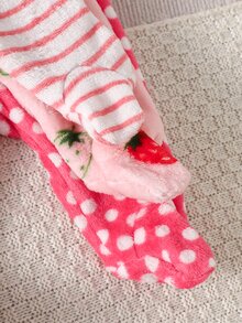 SHEIN 3件組幼兒女嬰連腳緊身褲 可愛甜美 粉色珊瑚色 波點草莓條紋 生日冬季節日公主風 絨毛抓絨 - 粉色 - 查看 6