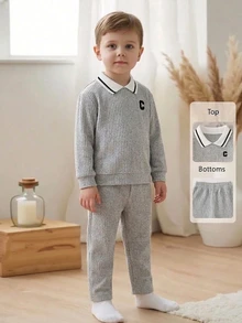 Young Boys 2pcs Ribbed Knit Outfit, Contrast Striped Collar Long Sleeve Top & Elastic Pants, Letter - Green - View 3