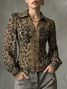 Flora Isola Flora Isola Women's Leopard Print Casual Versatile Daily Wear Blouse - Green - View 4