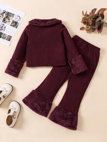 SHEIN Young Girl Furry Lapel & Cuffs Patchwork Jacket Top And Flare Legs Furry Patchwork Pants For Fall Winter Fashion - Burgundy - View 2