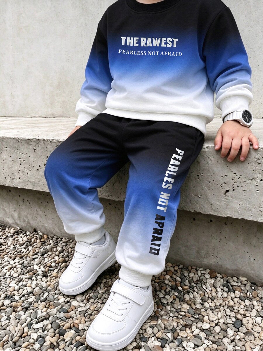 Genkimix Kids 小男孩字母印花漸層拼色運動衫與慢跑褲2件組休閒運動套裝，適合秋冬校園、戶外與日常穿著 - 藍色 - 查看 1