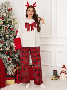 SHEIN LUNE Plus Size Women Bow Pattern Long Sleeve Top And Pants Casual Daily 2 Pieces Set Party Wear - Multicolor - View 4
