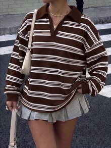 Muchica 女款大尺碼極簡條紋拼色長袖運動衫 - 棕色 - 查看 3