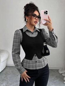Elenzga 女款棕色格紋拼接羅紋布料翻領收腰設計 2 合 1 優雅教師穿搭，適用日、Cyber Monday、萬聖節、單身派對、平安夜、聖誕節、感恩節，秋季襯衫上衣服飾，新款必備時尚單品，小眾設計，百搭風格 - 黑色 - 查看 4
