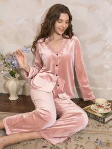 Côtesoire Women's Solid Color French Style Loose V-Neck Contrast Lace Long Sleeve Top & Pants Velvet PJS Silk Brown PJSs For Women Teddy Mom Brown - Baby Pink - View 1
