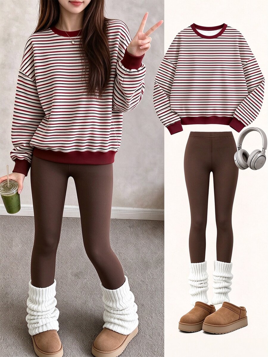 Tween Girls Autumn/Winter Casual Fashion Red Contrast Striped Crew Neck Sweatshirt And Leggings Set - Multicolor - View 1