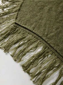 SHEIN 秋季素色混色針織高領不規則下擺流蘇披肩斗篷外套 - 軍綠色 - 查看 8