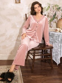 Côtesoire Women's Solid Color French Style Loose V-Neck Contrast Lace Long Sleeve Top & Pants Velvet PJS Silk Brown PJSs For Women Teddy Mom Brown - Baby Pink - View 6
