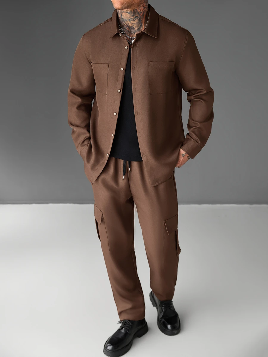 Manfinity Roughcore Men's Autumn/Winter Brown Long Sleeve Shirt And Pants Set With Collar - Coffee Brown - View 1