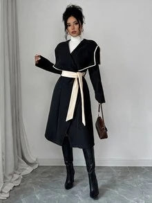 Elenzga 1件裝撞色包邊瀑布領繫帶大衣 - 黑色 - 查看 5