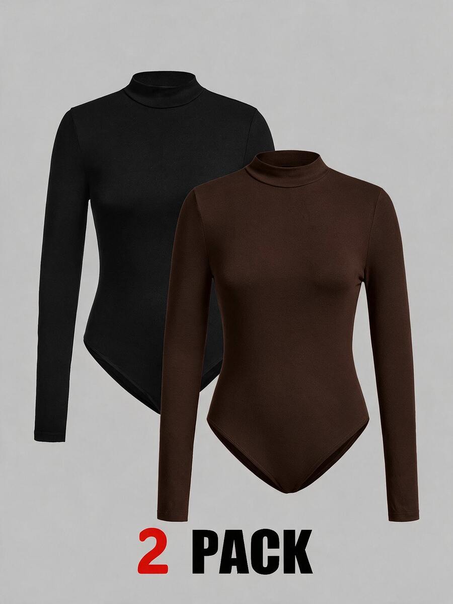 SHEIN EZwear 女款兩件套立領長袖連身衣,多色針織,適合冬季 - 彩色 - 查看 1