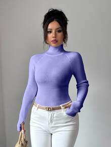 SHEIN Raffinéa 女款白色高領羅紋針織毛衣，時尚優雅辦公室冬季套頭上衣，Y2K 秋季長袖修身羅紋上衣，適合日常通勤與假期 - 紫羅蘭色 - 查看 3