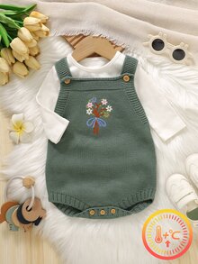 森系花卉刺繡嬰兒針織連身衣，復古綠無袖連身衣，可調節肩帶，鈕扣褲襠，適合日常穿著、家庭聚會、旅行與度假 - 綠色 - 查看 7