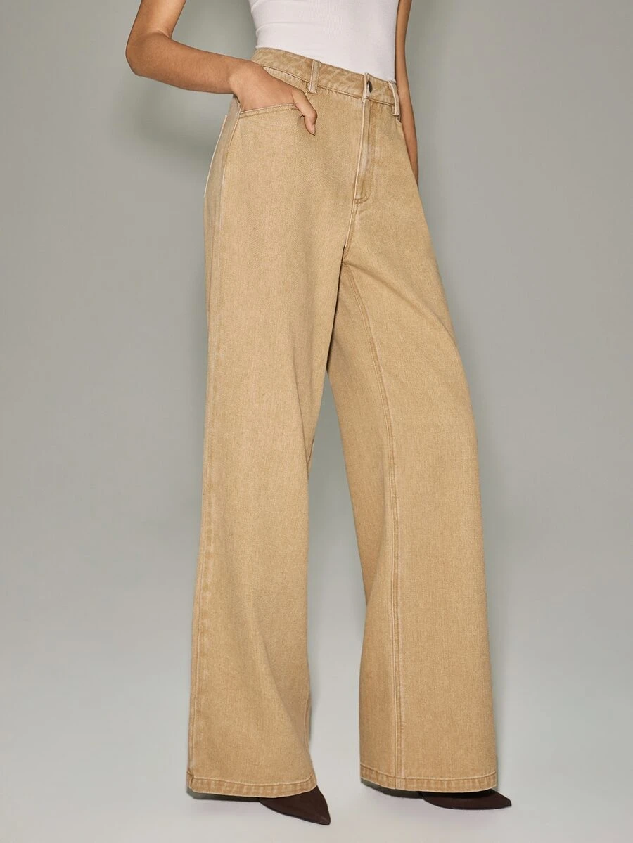 Anewsta Essential Women's Spring/Autumn New Modern Minimalist Fashion Light Brown Versatile Commute Shopping Date Slimming Draped Straight Leg Jeans - Brown - View 1