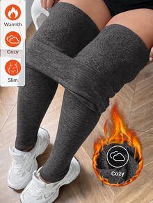 SHEIN EZwear 大尺碼女款純色休閒百搭日常穿著緊身內搭褲 - 深灰色 - 查看 1