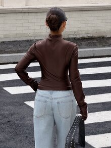 Muchica Women's New Autumn Black Elastic PU Leather Woven Tape Patchwork Frog Button Jacket For Going Out, Streetwear, Y2K - Brown - View 2