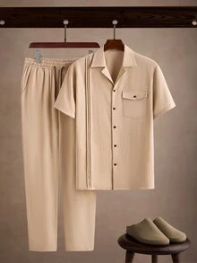 Core Aspect Men's Solid Color Short Sleeve Shirt And Long Pants Casual Daily Outfit - Apricot - View 1