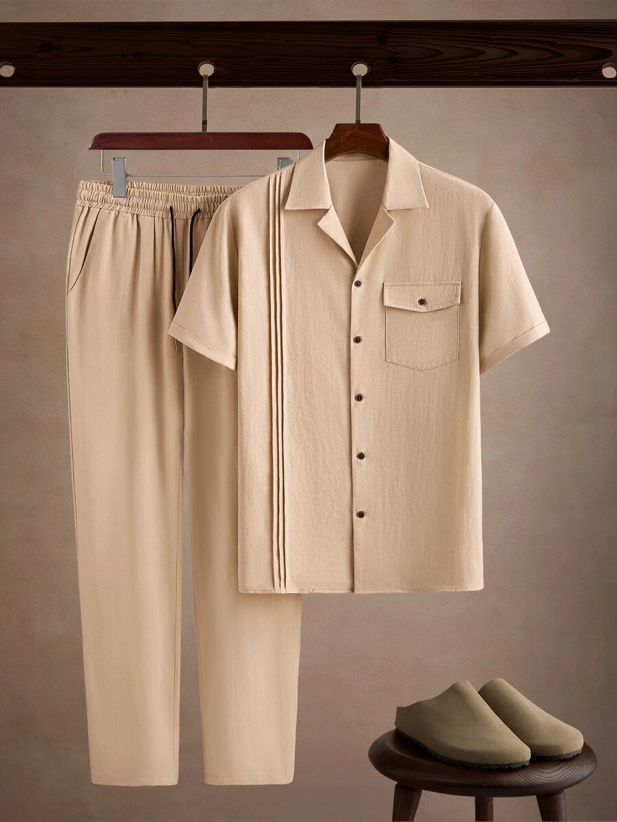 Core Aspect Men's Solid Color Short Sleeve Shirt And Long Pants Casual Daily Outfit - Apricot - View 1